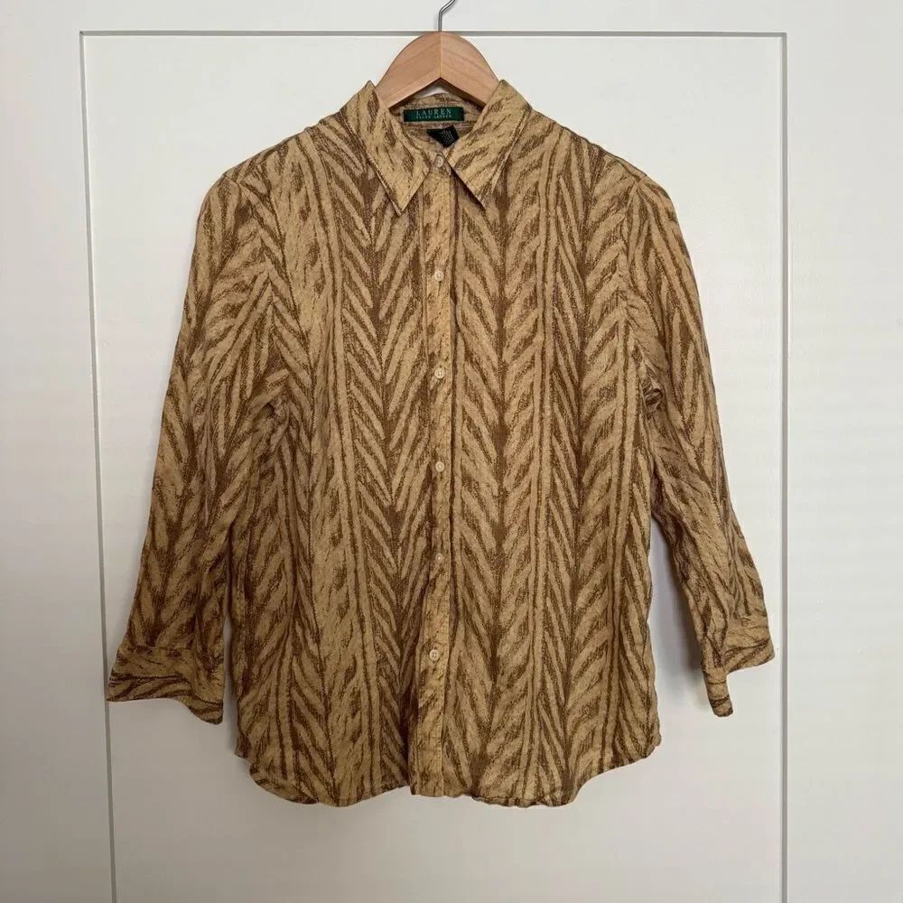 Lauren Ralph Lauren Linen Shirt Womens Sz M Tan Chevron Button Up Preppy Career